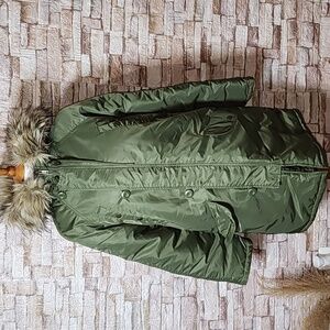 American Eagle Full Zip Green Parka Coat with Faux Fur Hood Winter Jacket